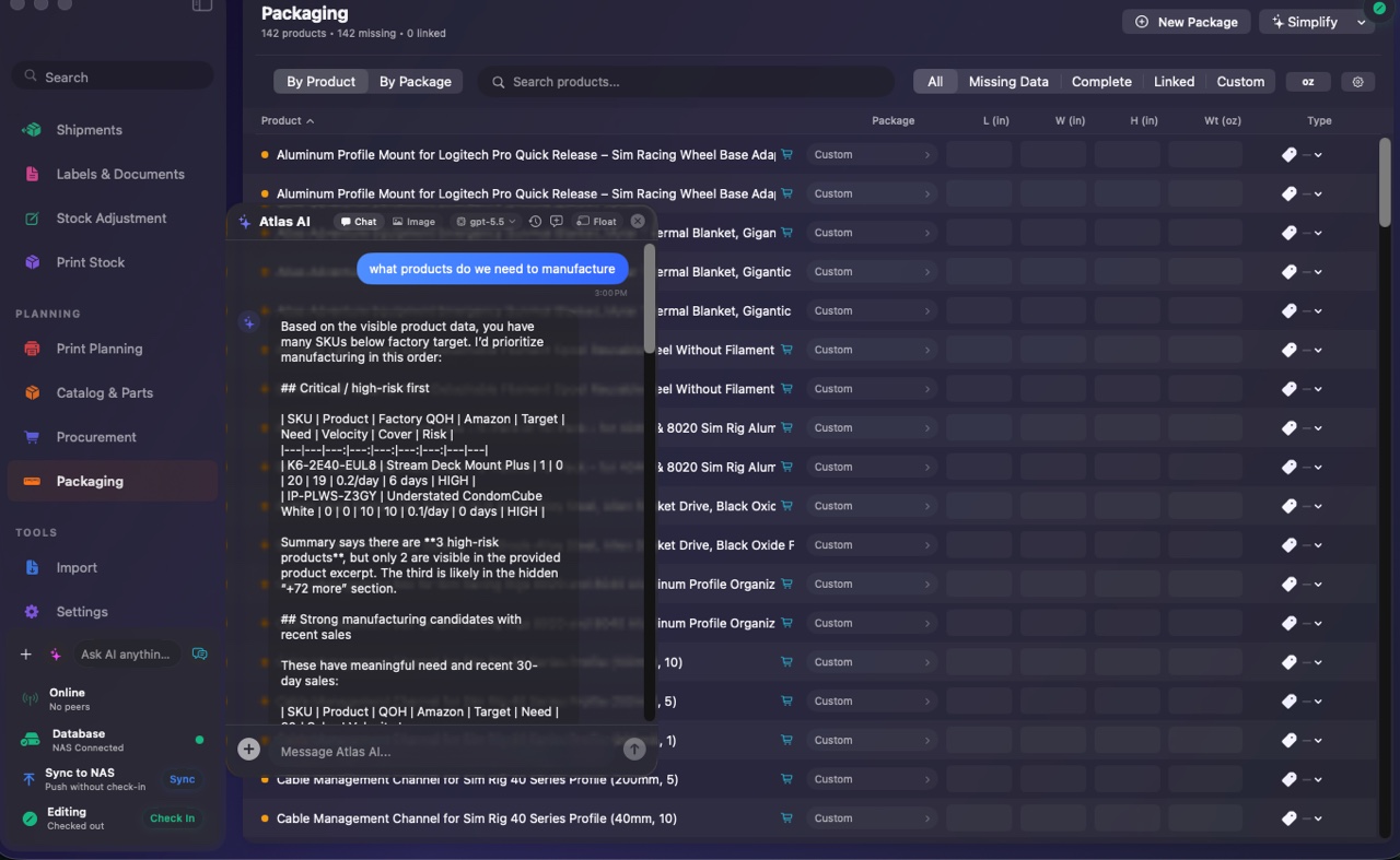 FactoryGrids with the Atlas AI assistant panel open, suggesting products to add to a manufacturing list.