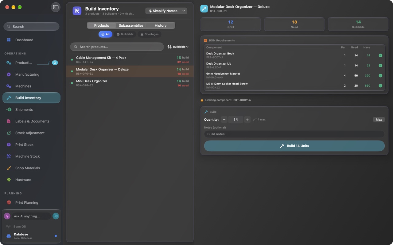 FactoryGrids Demo Factory Build Inventory showing stock, component requirements, and the buildable quantity for a desk organizer.