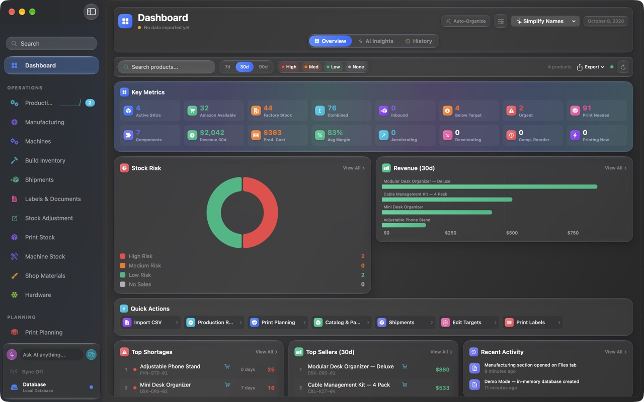 FactoryGrids Demo Factory dashboard with key metrics, stock risk, 30-day revenue, top shortages, and top sellers.