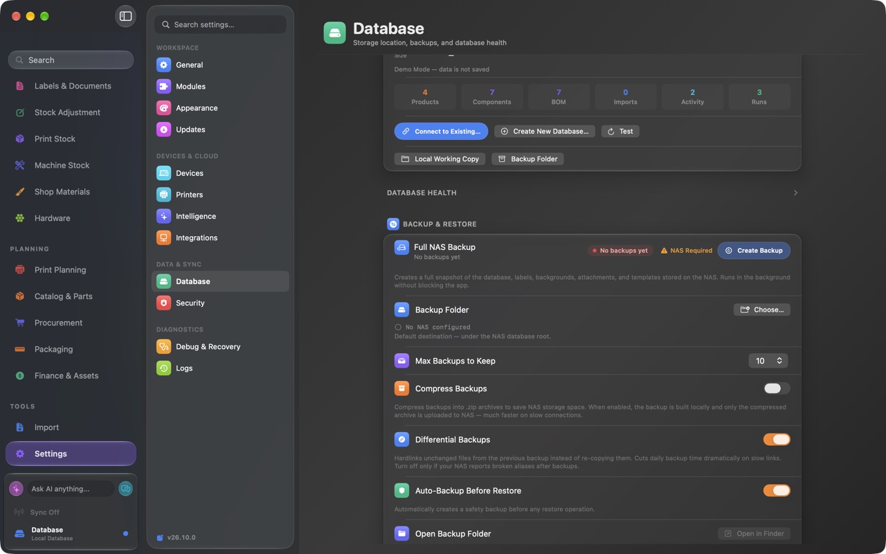FactoryGrids Database settings showing demo statistics and backup options, with no NAS configured.