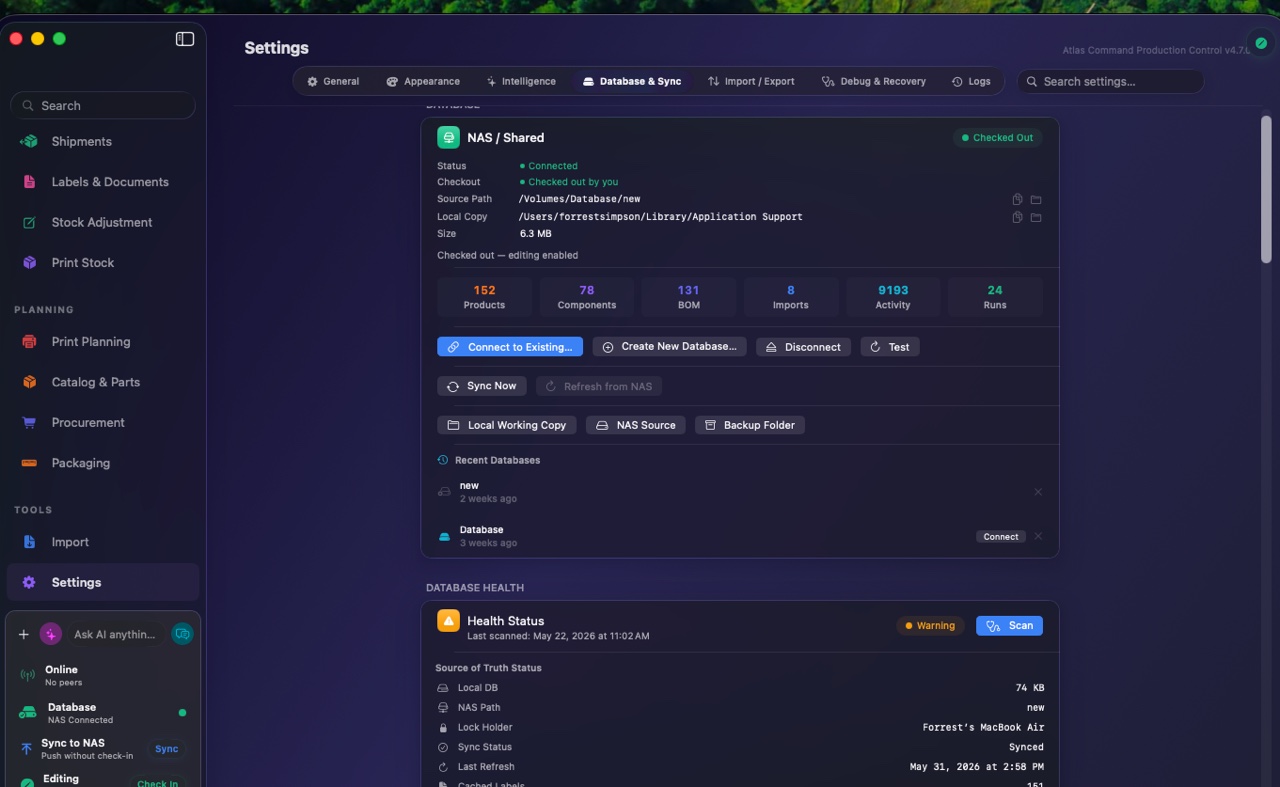 FactoryGrids settings showing NAS and shared database sync, backups, and health status.