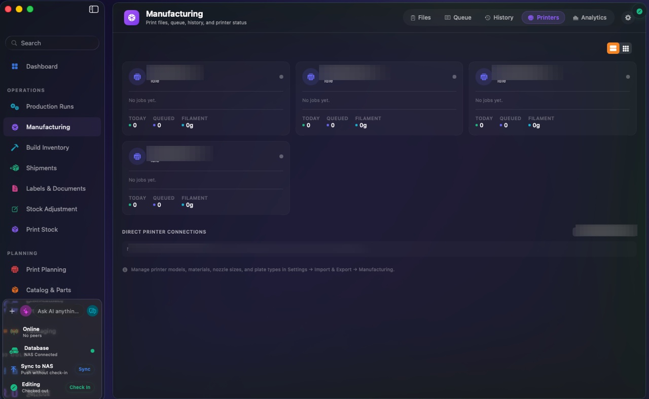 FactoryGrids manufacturing view with live machine status cards showing idle and active states, jobs, queue, and filament usage.