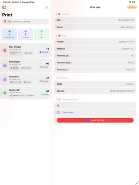FactoryGrids iPad companion displaying details of a demo print job.