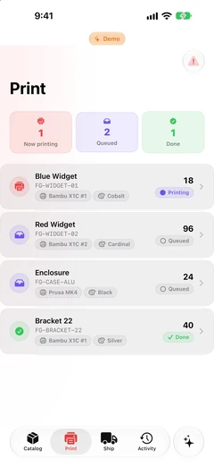 FactoryGrids iPhone companion displaying a demo print queue.