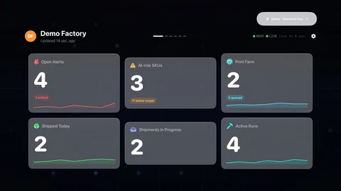 FactoryGrids tvOS demo overview showing production information on a large screen.
