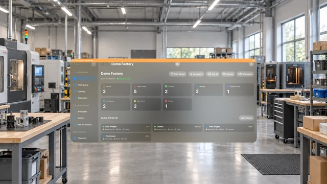 FactoryGrids visionOS demo dashboard composited over a generated factory setting.