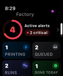 FactoryGrids Apple Watch dashboard displaying demo alerts, print activity, queued jobs, and completed runs.
