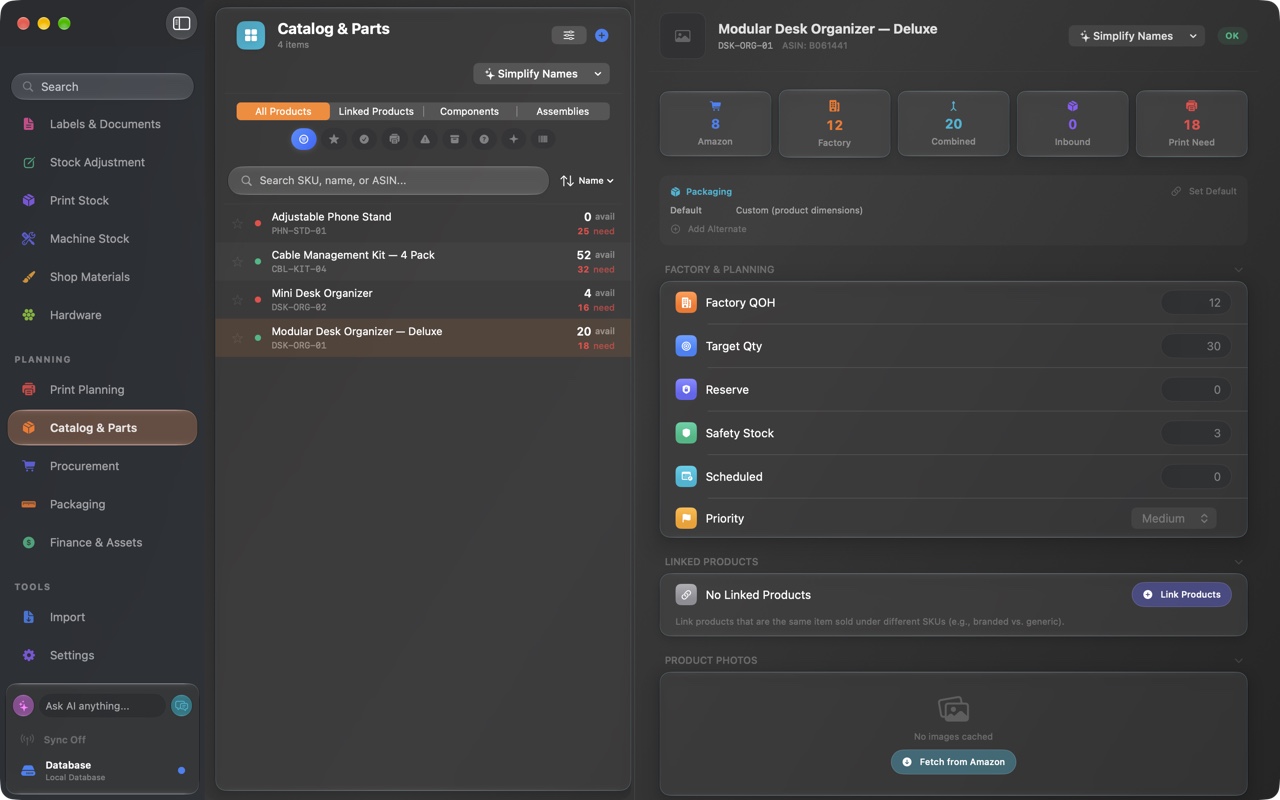 FactoryGrids Demo Factory Catalog and Parts showing product stock, packaging settings, planning fields, and linked product controls.