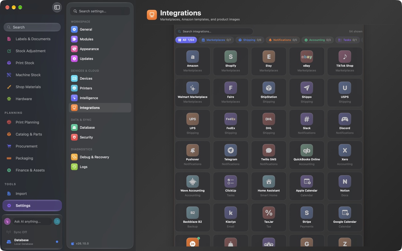 FactoryGrids demo Integrations catalog showing marketplace, shipping, notification, and accounting services, with no marketplaces connected.