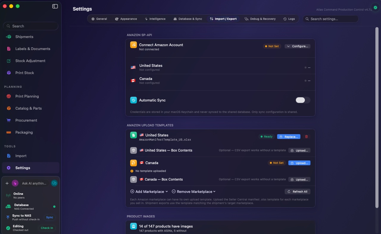 FactoryGrids settings showing a connected Amazon account, marketplaces by region, and automatic sales sync.